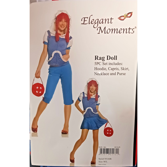 Elegant Moments Rag Doll Costume 5-Piece Set Hoodie Capris Skirt Purse Size M/L - Picture 6 of 7